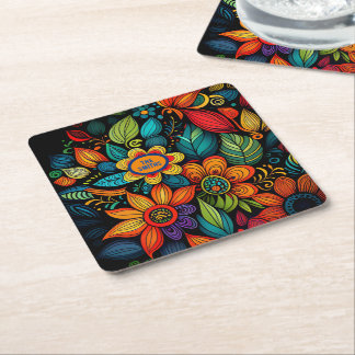 CUSTOMIZED DOODLE FLOWERS ART DESIGN   SQUARE PAPER COASTER
