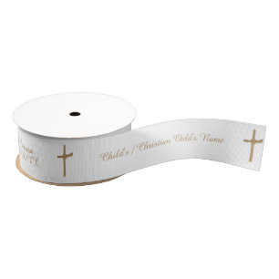 Customized First Holy Communion Elegant Gold Cross Grosgrain Ribbon