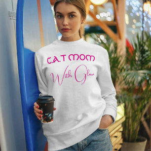 Customized Funny Script Hot Pink And White Cat Mom Sweatshirt