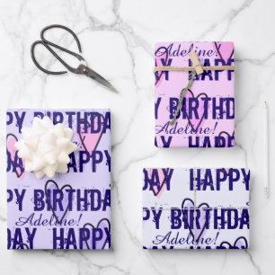 Customized Happy Birthday Pink & Purple Hearts Wrapping Paper Sheet