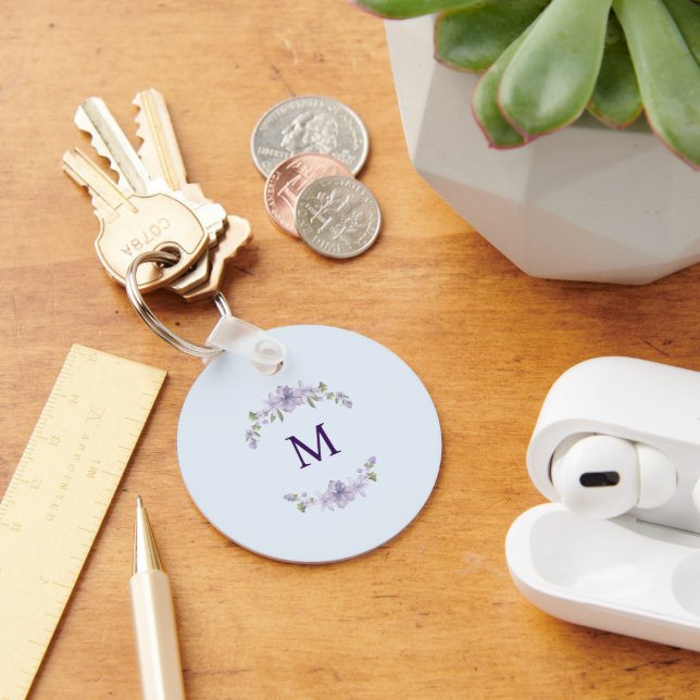 Customized Monogram Lavender Floral Minimal Key Ring (Desk)