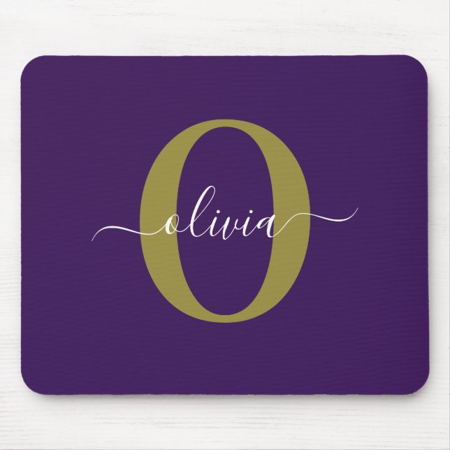 Customized Monogram Script Name Purple White Gold Mouse Pad (Front)