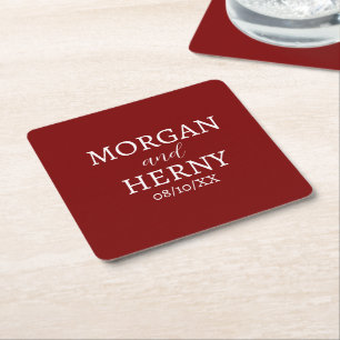 CUSTOMIZED NAME STYLISH MODERN BURGUNDY WEDDING SQUARE PAPER COASTER