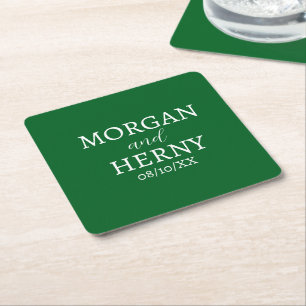 CUSTOMIZED NAME STYLISH MODERN DARK GREEN WEDDING SQUARE PAPER COASTER