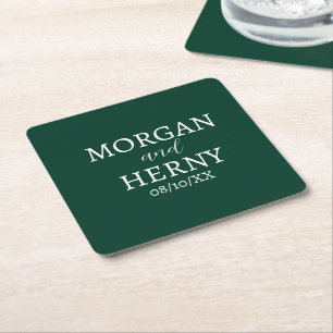 CUSTOMIZED NAME STYLISH MODERN DARK GREEN WEDDING SQUARE PAPER COASTER