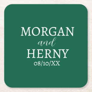 CUSTOMIZED NAME STYLISH MODERN DARK GREEN WEDDING SQUARE PAPER COASTER