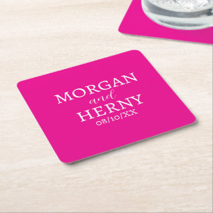 CUSTOMIZED NAME STYLISH MODERN HOT PINK WEDDING SQUARE PAPER COASTER
