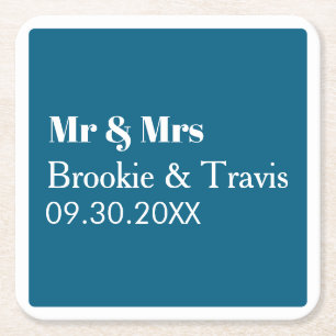 Customized Name Stylish Modern Minimal Wedding Square Paper Coaster