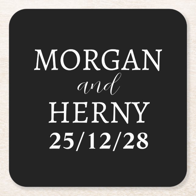 CUSTOMIZED NAME STYLISH MODERN MINIMAL WEDDING SQUARE PAPER COASTER (Front)