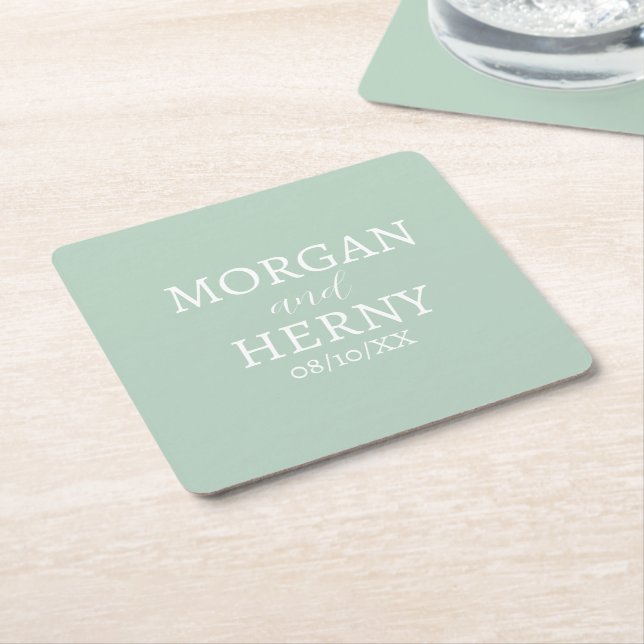 CUSTOMIZED NAME STYLISH MODERN PALE GREEN WEDDING  SQUARE PAPER COASTER (Angled)