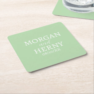 CUSTOMIZED NAME STYLISH MODERN PALE GREEN WEDDING SQUARE PAPER COASTER