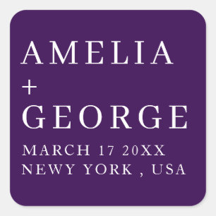 CUSTOMIZED NAME STYLISH MODERN WEDDING DARK PURPLE SQUARE STICKER
