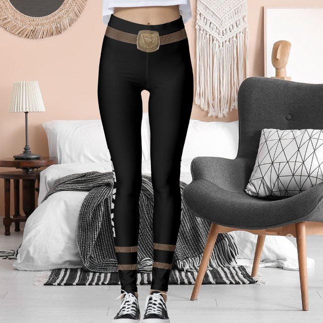 Customized Pet Lover Brown Belt Brass Buckle Black Leggings (Creator Uploaded)