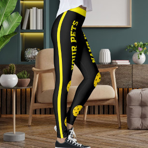 Customized Pet Mom Pickleball Black Yellow Stripes Leggings