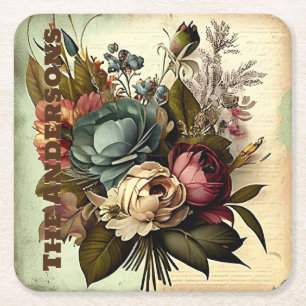 CUSTOMIZED VINTAGE VICTORIAN SCRAP FLORAL  SQUARE PAPER COASTER