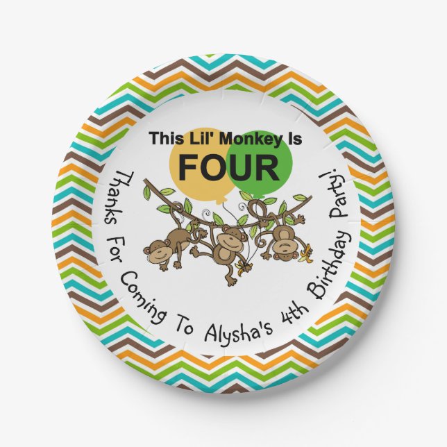 CustomizedLittle Monkeys 4th Birthday Paper Plates (Front)