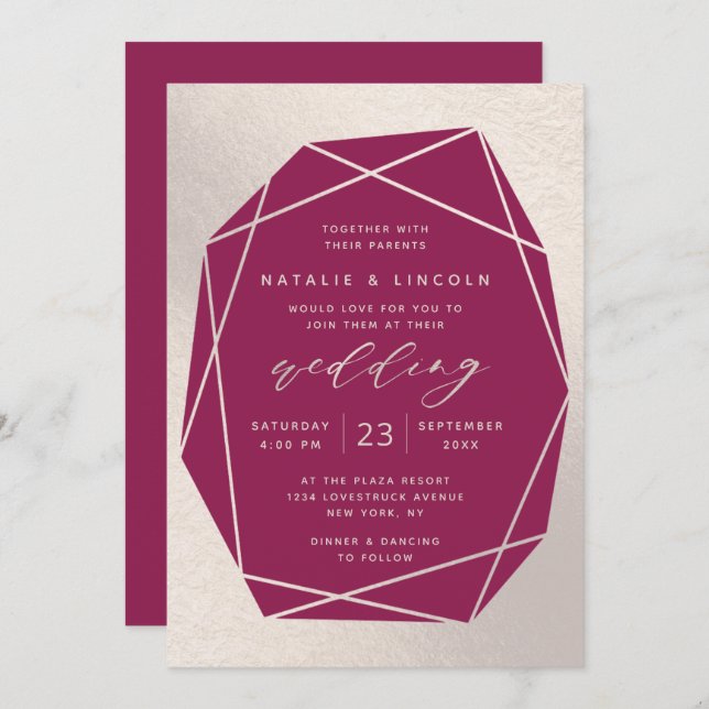Cut Gemstone Magenta & Champagne Pink Foil Wedding Invitation (Front/Back)