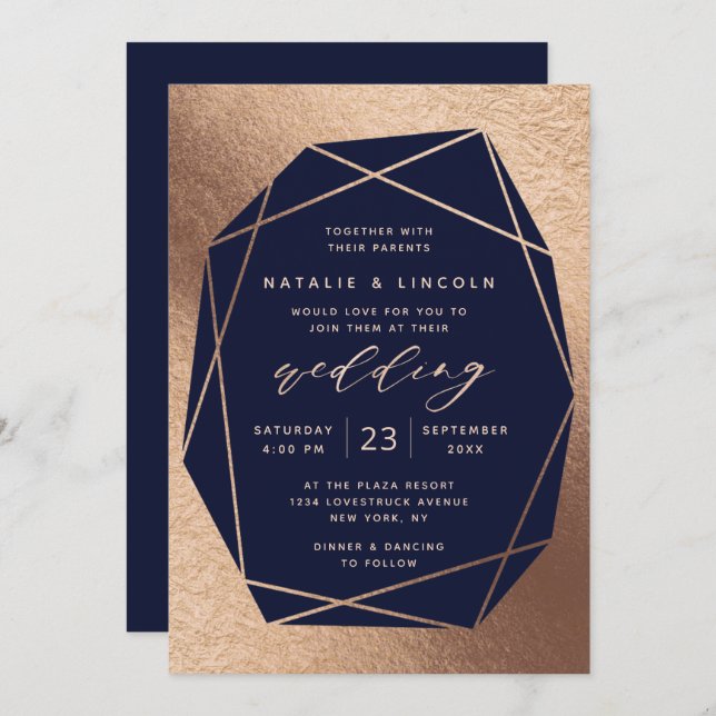 Cut Gemstone Navy Blue & Copper Foil Wedding Invitation (Front/Back)