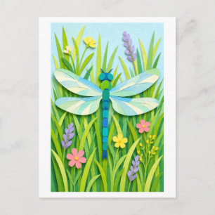 Cut Paper Collage-Style Dragonfly Postcard