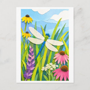 Cut Paper Collage-Style Dragonfly Postcard