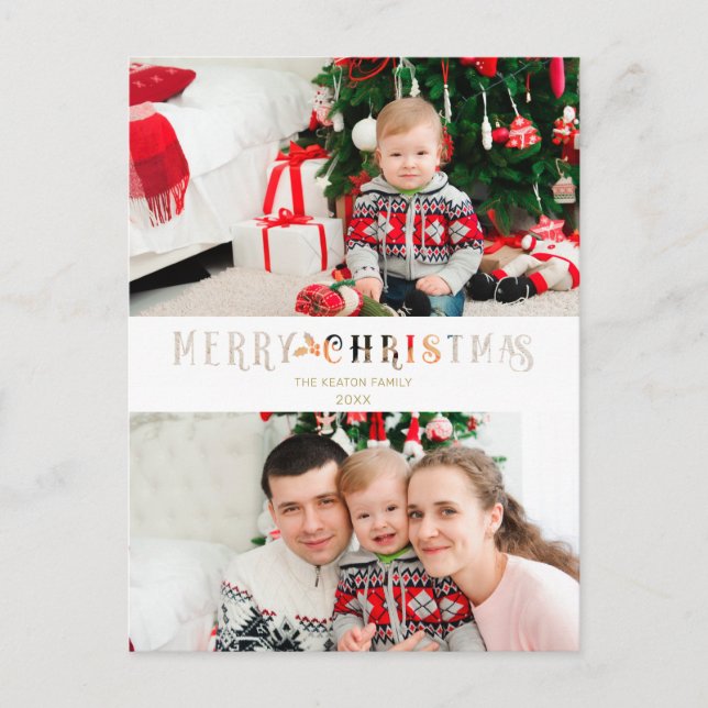 Cut Paper Effect Christmas Custom Photo Script Holiday Postcard (Front)