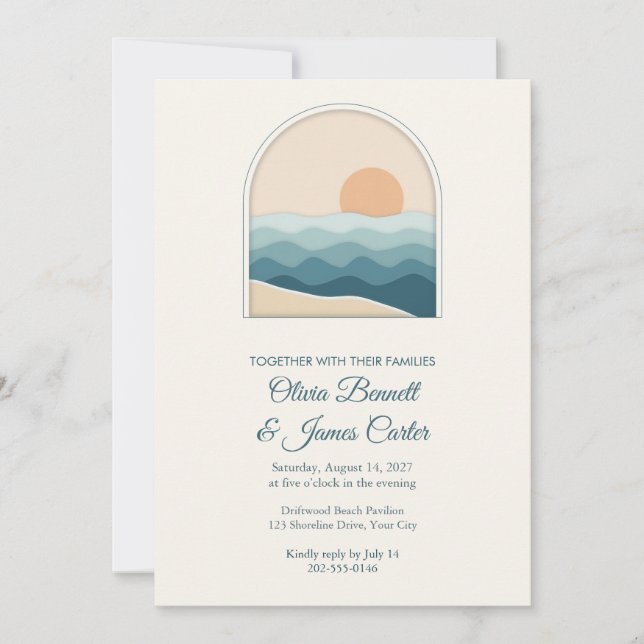 Cut Paper Ocean Sunset Beach Wedding Invitation (Front)