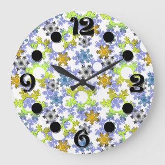 Cut paper snowflakes multicolored on white  large clock