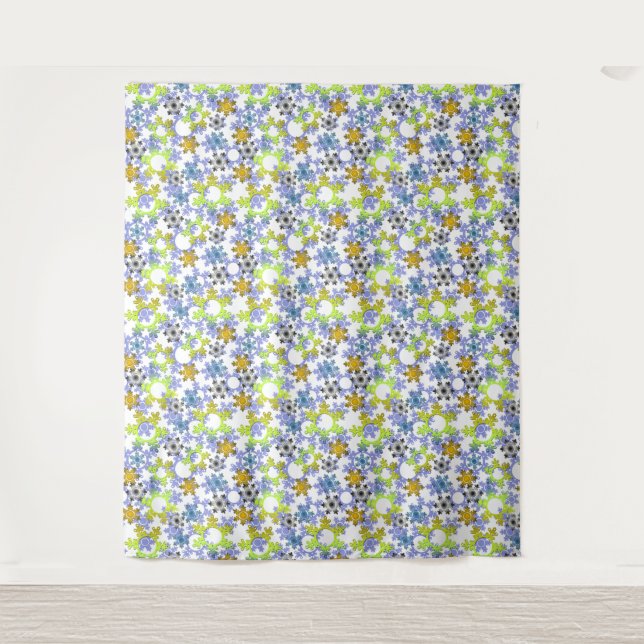 Cut paper snowflakes multicolored on white  tapestry (Front)
