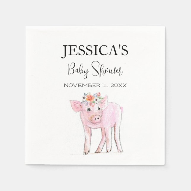 Cut Piggy Watercolor Baby Shower Boho Girl Napkin (Front)