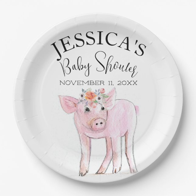 Cut Piggy Watercolor Baby Shower Boho Girl Paper Plate (Front)