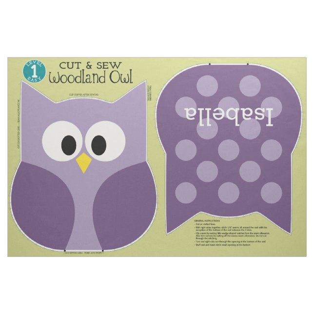 Cut & Sew Woodland Owl Stuffed Animal Custom Name Fabric (Fat Quarter)