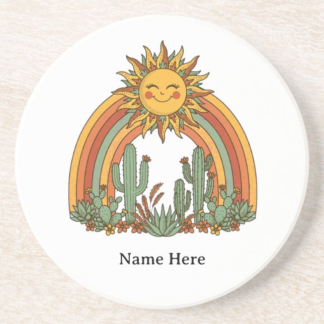 Cut sun rainbow cactus custom name coffe mug coaster (Front)