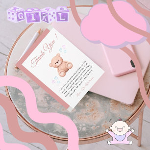 Cut Teddy Bear, handdrawn Hearts Girl Baby Shower  Thank You Card