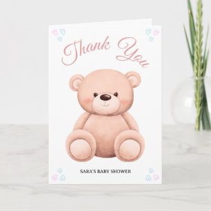 Cut Teddy Bear, Pastel Girl Baby Shower Folded Thank You Card