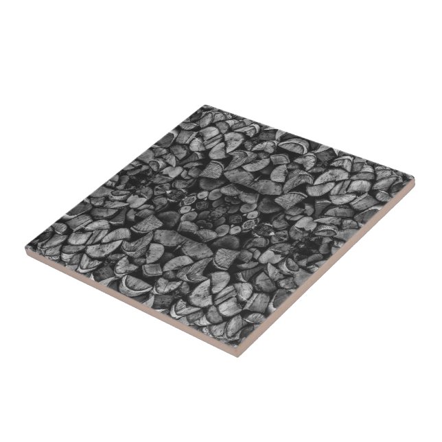 Cut Tree Logs Stacked Together Black & White Photo Tile (Side)