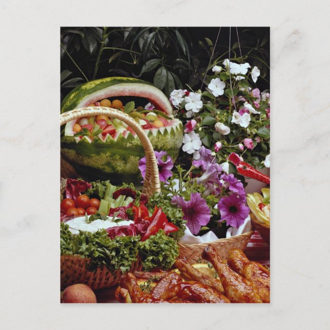 Cut watermelon fruit basket with flowers postcard (Front)