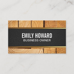 Cut Wood Black Leather Gold Trim Business Card