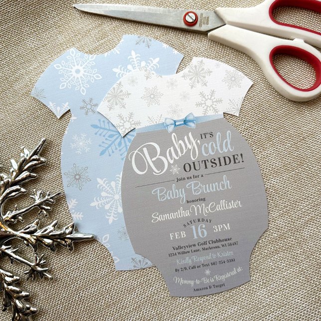 Cut-Your-Own Baby Bodysuit Blue Snowflake Shower Invitation (Snowflake winter baby boy shower DIY bodysuit shape invitation, blue & gray, printed ribbon bow)