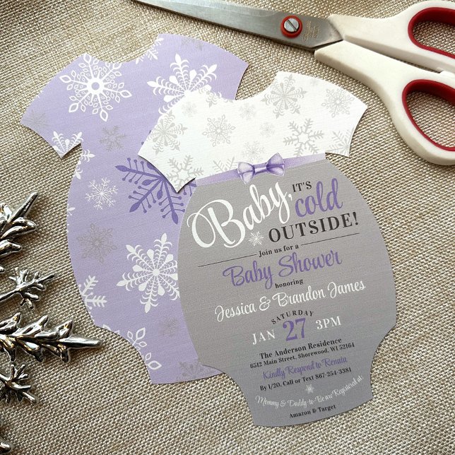 Cut-Your-Own Baby Bodysuit Purple Snowflake Shower Invitation (DIY Cut Out Your Own Baby Bodysuit Shape Invite, Baby It's Cold Outside, purple Gray, gender neutral)