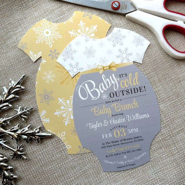 Cut-Your-Own Baby Bodysuit Yellow Snowflake Shower Invitation (DIY Cut Out Your Own Baby Bodysuit Shape Invite, Baby It's Cold Outside, yellow Gray, gender neutral)
