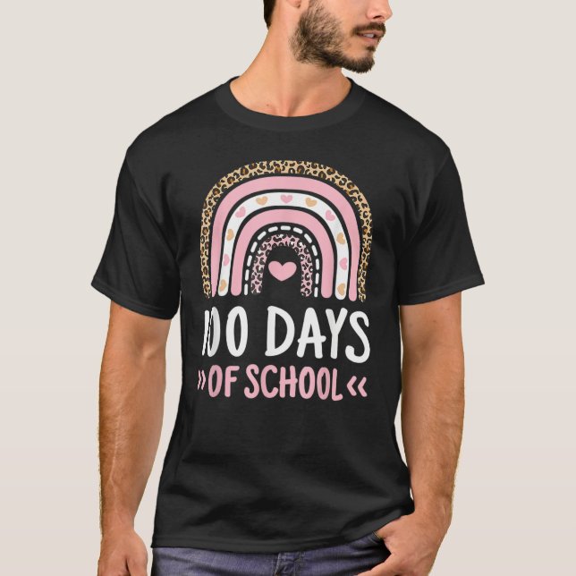 Cute 100th Day Of School 100 Days Leopard Rainbow  T-Shirt (Front)