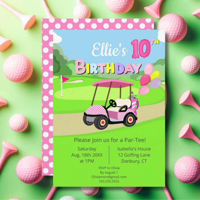 Cute 10th Birthday Polka Dot Pink Girly Golf  Invitation (Creator Uploaded)