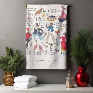 Cute 12 Days of Christmas Classic Illustration Tea Towel