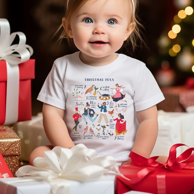 Cute 12 Days of Christmas Classic kids Baby T-Shirt (Christmas baby t-shirt custom year, 12 days of Christmas Illustration.)