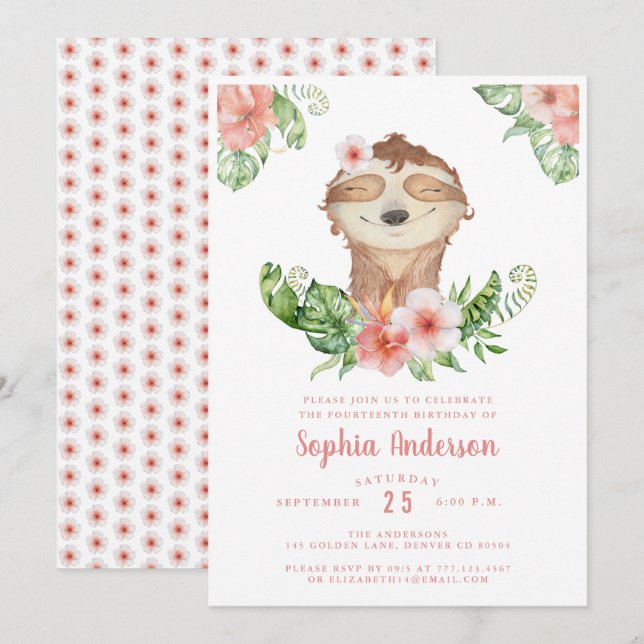 Cute 14th birthday floral girl invitation (Front/Back)