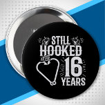 Cute 16th Anniversary Couples Married 16 Years 10 Cm Round Badge<br><div class="desc">This fun 16th wedding anniversary design is perfect for fishing couples that have been married for 16 years and are still hooked on each other & love to go fishing! Great for a 16th wedding anniversary party to celebrate 16 years of marriage! Features "Still Hooked After 16 Years" wedding anniversary...</div>