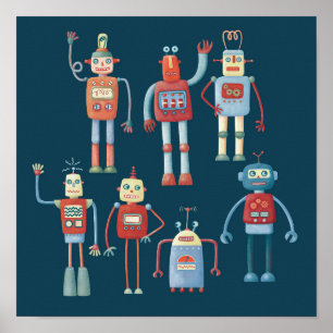 Cute 1950s Style Retro Robots Poster