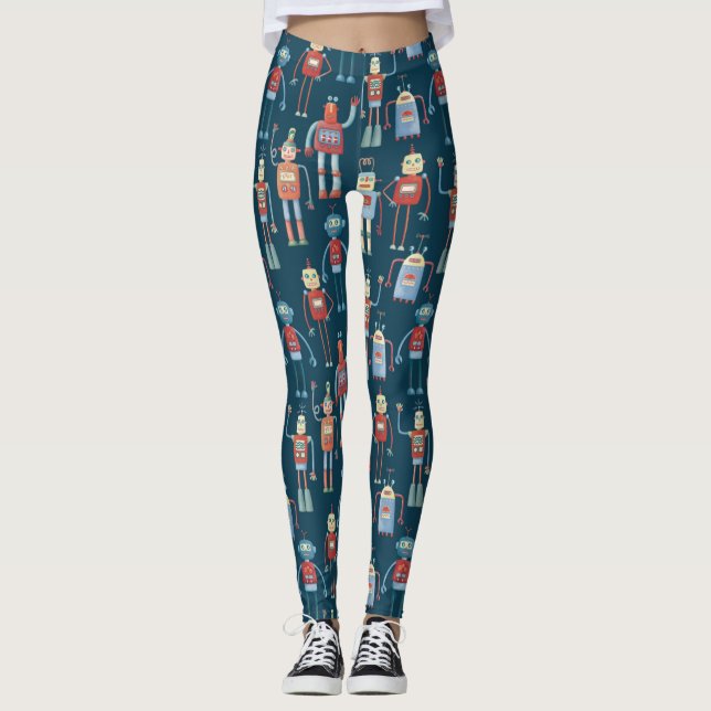 Cute 1950s Style Retro Vintage Robots Leggings (Front)