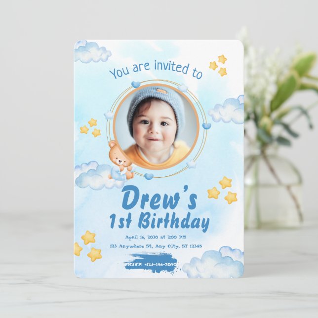 Cute 1st Baby Boy Birthday Invitation (Standing Front)