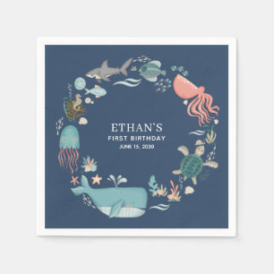 Cute 1st Baby Boy Blue Watercolor Under the Sea Napkin